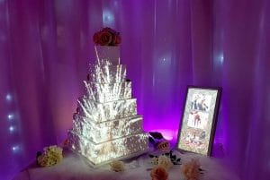 Firework cake projection on a projection mapping wedding cake